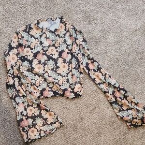 Floral Bell Sleeve Top - Black and Cream